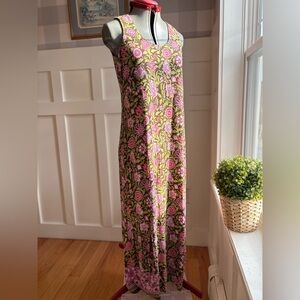 J. Jill Olive and Pink Floral Scoop-Neck Maxi Dress Cottagecore Summer XS